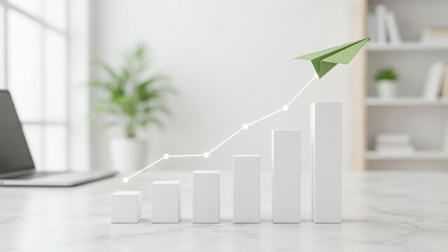 A green paper airplane flies over an ascending white bar chart on an office desk. Represents business growth and success strategies.