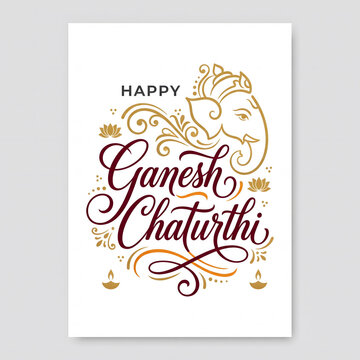 Happy Ganesh Chaturthi calligraphic typography with line art Ganesha face and diya lamps