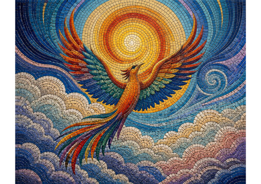 A colorful phoenix bird flying in the night sky with glowing stars and clouds