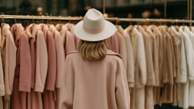 Woman wearing beige coat and white hat browsing through rack of wool coat clothing in warm tones in boutique or store interior fashion shopping concept