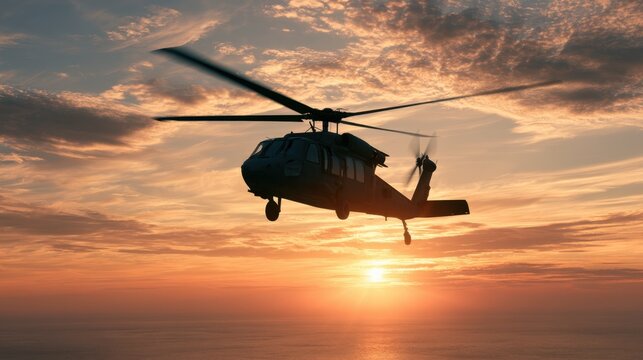 Silhouette of a helicopter flying during vibrant sunset over calm ocean water with dramatic cloud formation and warm orange sky