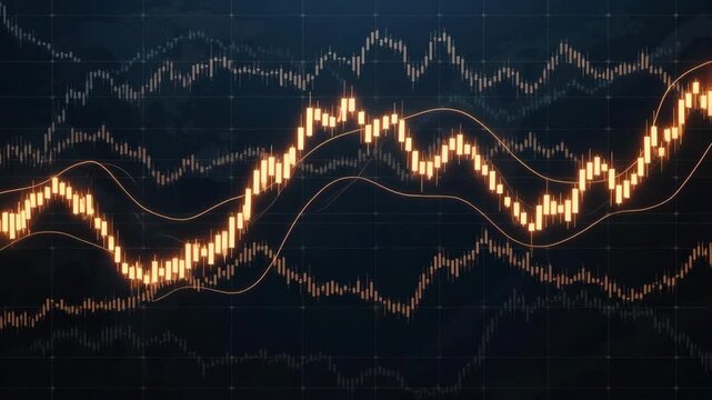 Glowing candlestick chart with bright lines in digital style on dark grid background, concept of finance and trading