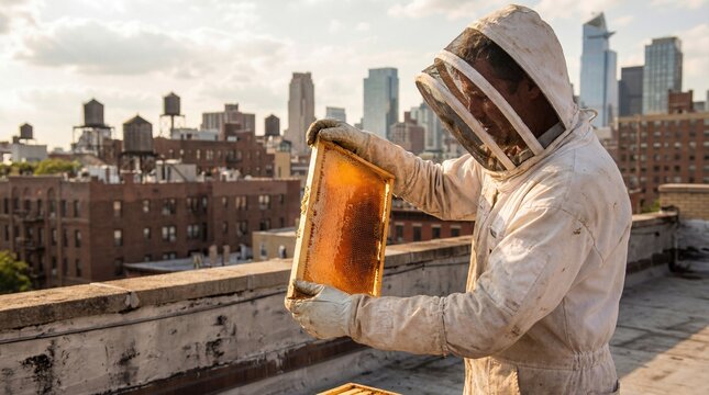 Urban beekeeper inspecting hive frames on rooftop in city environment