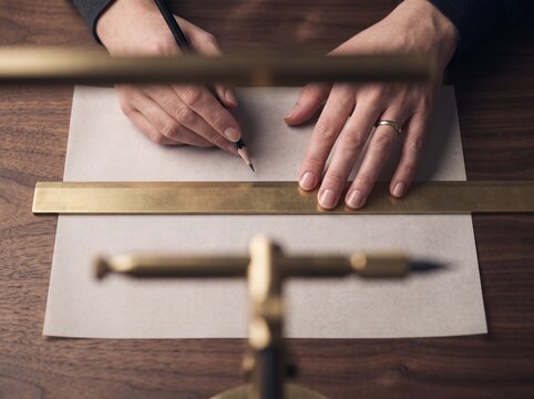 Close up of an architect or artist using a pencil and brass ruler to draw on paper at a wooden desk