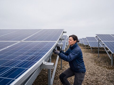 Female technician inspecting and installing solar panels on a large solar energy farm under an overcast sky