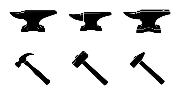 Blacksmith Anvil and Hammer Icons Set, Metalworking Tools Vector Collection, Industrial Craftsmanship Silhouettes for Design