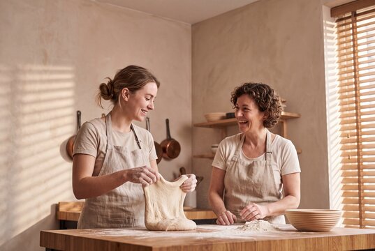 Two smiling women bakers kneading sourdough dough together on a wooden table in a warm artisan kitchen