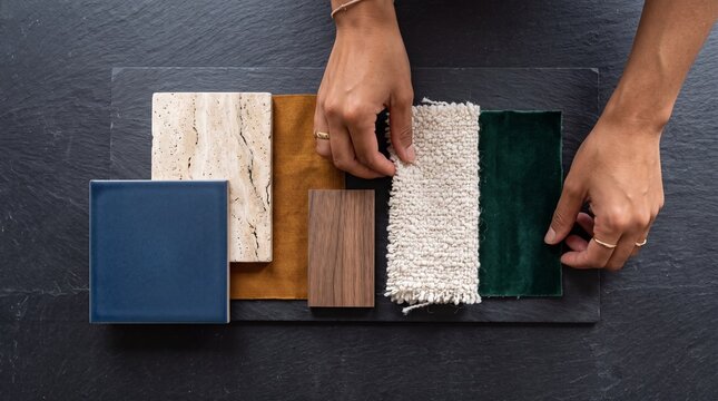 Top view of interior designer arranging material swatches, stone tile, wood, and fabric samples on board