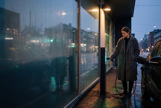 Young woman charging her electric car at a modern outdoor charging station on a wet city street in the evening