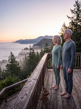 Senior couple practicing mindfulness and meditation on a wooden balcony overlooking scenic misty mountains at sunrise