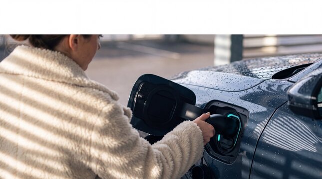 Woman plugging charging cable into electric vehicle at an outdoor charging station