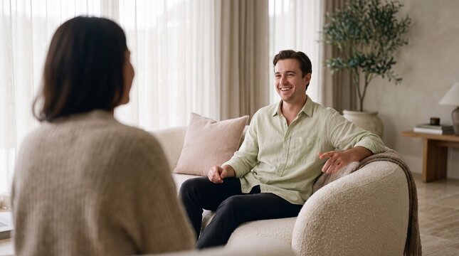 Smiling young man having a friendly conversation with a woman while sitting on a sofa in a modern living room