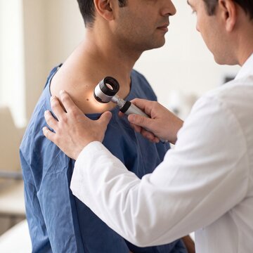 Dermatologist Examining Mole on Patient Shoulder with Dermatoscope During Skin Cancer Screening