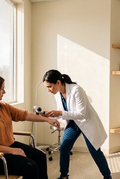 Female dermatologist using dermatoscope to examine patient arm for skin check in medical clinic