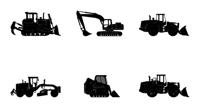 Construction Equipment Silhouettes: Bulldozer, Excavator, Wheel Loader, Grader, Skid Steer Loader Set, Heavy Machinery Icons