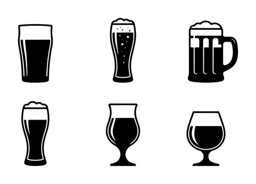 Diverse Beer Glass Icons Collection, Craft Brew Drinkware Vector Set, Pub Beverage Glassware Graphics, Alcohol Refreshment Symbols