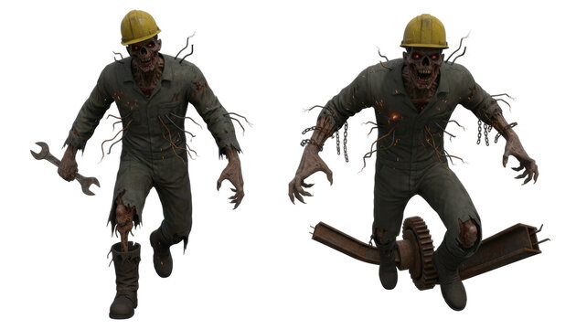 Two Scary Zombie Construction Workers with Tools and Equipment