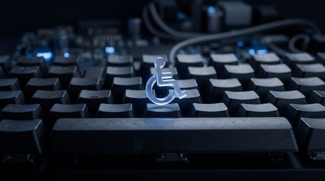 Glowing Disability Wheelchair Icon on Dark Computer Keyboard for Web Accessibility, Assistive Technology, and Digital Inclusion Concept