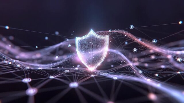 Glowing shield over flowing digital network lines in futuristic style on dark background, concept of cybersecurity and protection