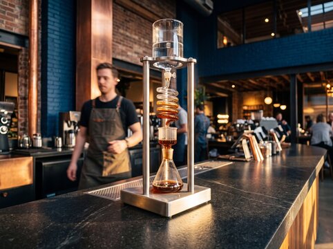 Cold drip coffee tower apparatus brewing specialty coffee on the counter of a modern cafe with a barista in the background