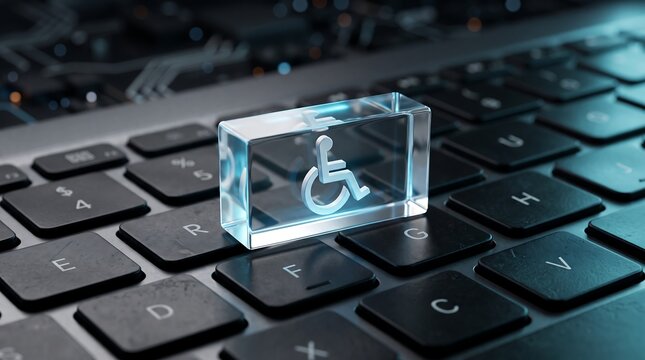 Digital Web Accessibility Concept Featuring Glowing Glass Wheelchair Symbol on Modern Laptop Keyboard for Assistive Technology and Online Inclusion