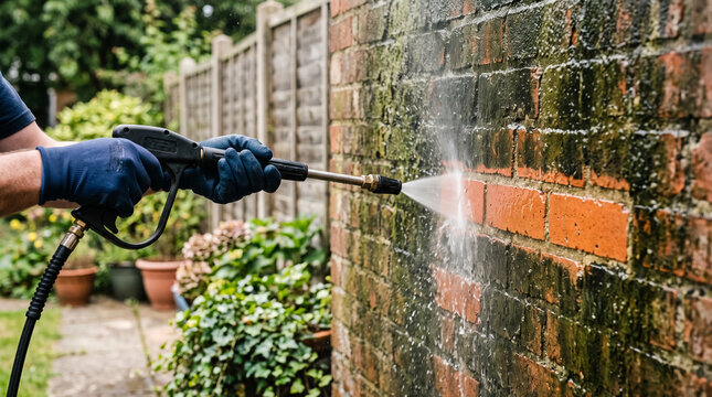 Person pressure washing dirty brick wall outdoors in garden