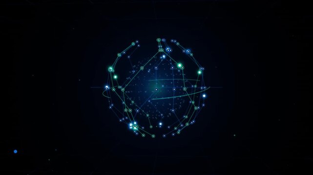 Futuristic Digital Globe Animation with Glowing Cyan Network Nodes and Connecting Lines, Abstract Global Communication Technology Motion Background for Science and Data Visualization