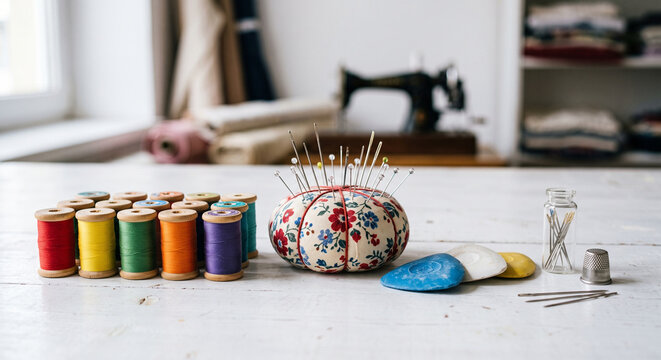 Colorful thread spools, floral pincushion, straight pins, tailor chalk, thimble, needles, and small sewing notions arranged on a white tabletop, inside an organized dressmaking studio