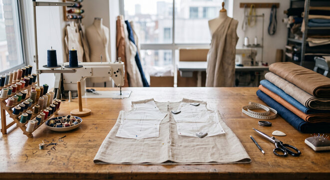 Garment cutting table covered with paper bodice pattern pieces, pins, scissors, rulers, thread spools, folded fabric rolls, and a sewing machine, for custom clothing construction