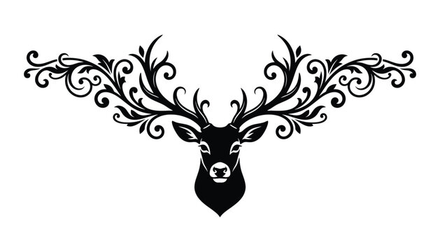 Stag head silhouette with ornate floral antlers and vintage flourishes as a graphic element deer silhouette animal design black vector wildlife art antler decoration