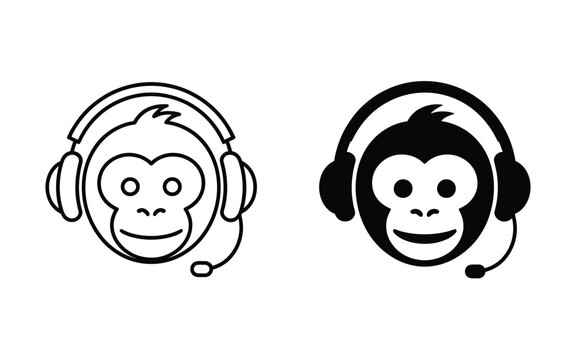 Cute monkey head with call center headset vector line and glyph icons