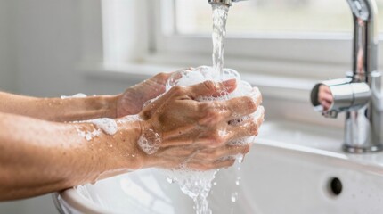 Fototapeta premium Person washing hands under running water in a clean sink with soap bubbles visible.