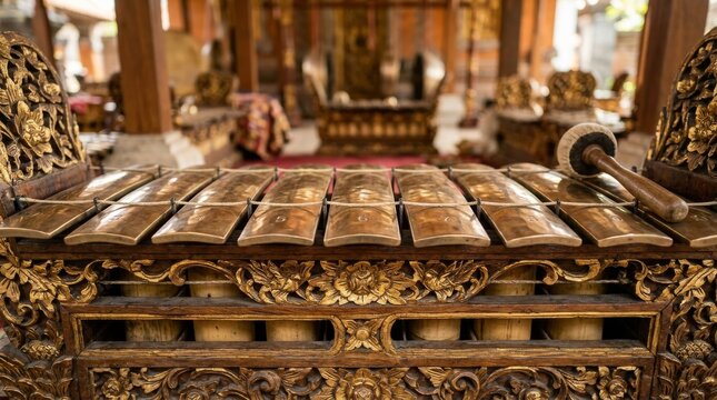 Traditional Balinese Gamelan Metallophone Instrument with Ornate Wooden Carvings