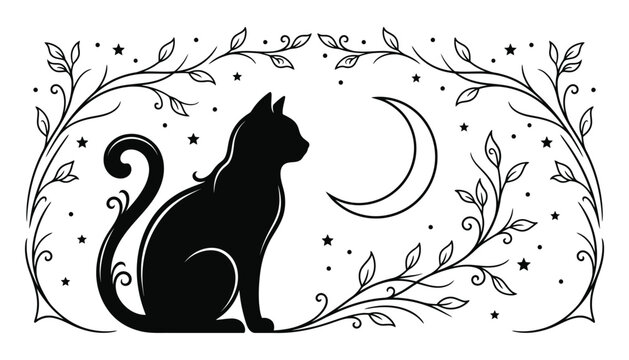 Black cat silhouette sitting under a crescent moon and leafy branches in night sky with silhouette illustration mystical witchcraft halloween engraving ornament
