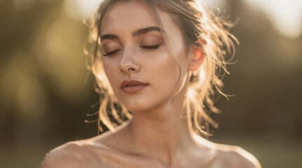 Obraz premium A serene young woman with closed eyes and soft makeup enjoys a peaceful moment in warm, natural sunlight with a blurred outdoor background.