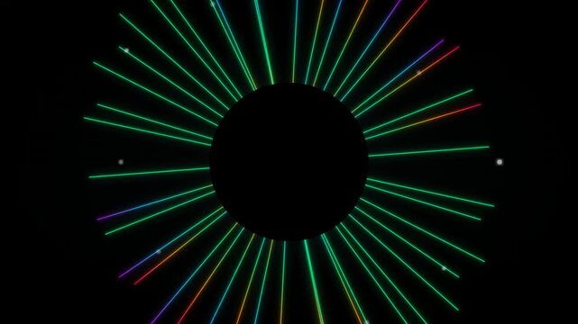 Abstract digital technology background with glowing colorful rays and central dark circle