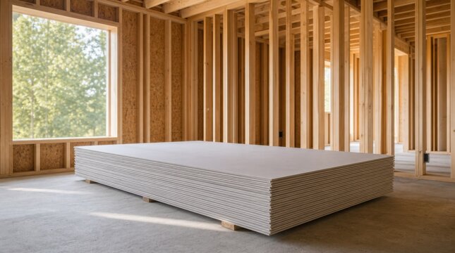 A stack of drywall sheets lies inside an unfinished wooden frame construction, illuminated by natural light through windows.