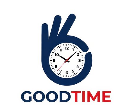 Modern Good Time Logo Design Featuring OK Hand Gesture and Clock Face for Business and Time Management Concepts