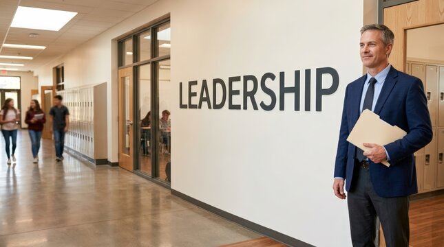 Male school principal standing in hallway with leadership sign