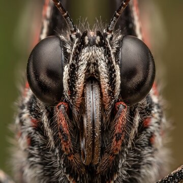 Extreme macro frontal portrait of a butterfly head showing coiled proboscis