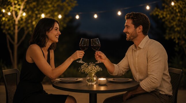 A smiling couple enjoys a romantic outdoor dinner, clinking wine glasses under warm string lights and a cozy candlelit ambiance.