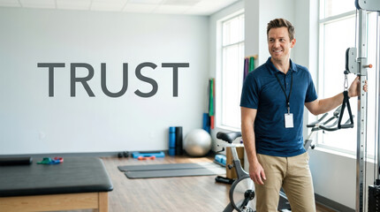Fototapeta premium Male physical therapist smiling in modern rehabilitation gym with trust message