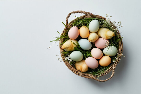 Easter Basket with Baby Chicks and Colorful Eggs