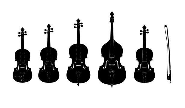 Orchestral stringed instruments vector illustration, violin silhouette set, cello, double bass, and bow