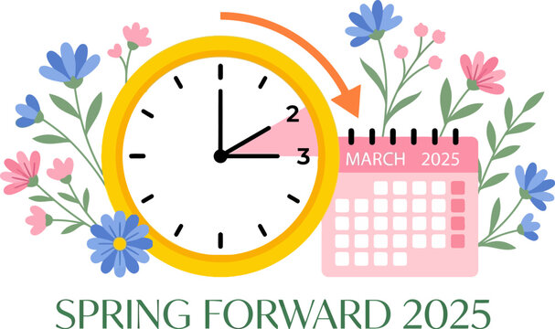 Clock and monthly calendar graphic decorated with wildflowers for spring daylight savings.