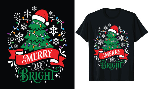 Merry And Bright Christmas T-Shirt Design &ndash; Festive Holiday Quote with Santa Hat Tree, Colorful String Lights, Snowflakes & Red Ribbon Banner Tee