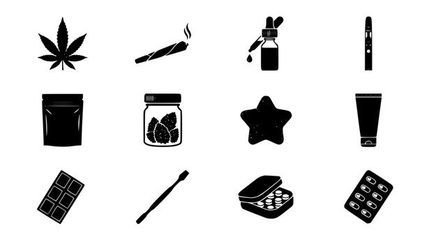 Cannabis product icon set, leaf, pre-roll joint, CBD oil dropper, vape pen, jar, edible candy, and chocolate