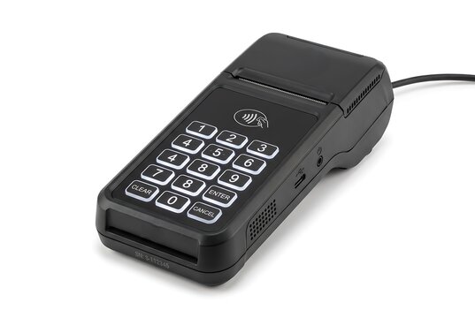 Modern desktop contactless card reader and PIN pad payment terminal with illuminated numeric keypad isolated on white background