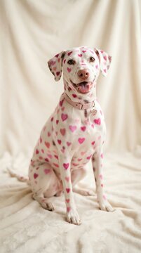Adorable Dalmatian Puppy with Heart Patterned Coat Sitting on White Background.