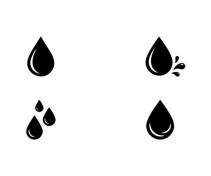 Set of black water drop silhouettes and liquid splash symbols with black droplets rain drop oil drop